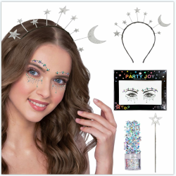 Singtis Mond Haarreif & Sterne Mond Stirnband Silber – Glitter Haarreif mit Strasssteinen und Glitzer Gesicht Sticker für Karneval, Fasching, Halloween, Musikfestival und Party Angebot bei HelloDeals