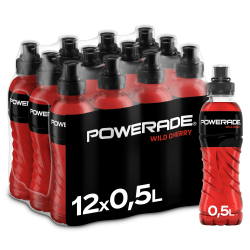 Powerade Sports Wild Cherry, kalorienarmes Sportgetränk mit Kirsch-Geschmack, mit Elektrolyten, Sport Drink in stylischen Einweg Flaschen (12 x 500 ml) Angebot bei HelloDeals