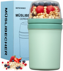 Müslibecher to Go 600ml+270ml,Joghurtbecher to Go Kinder mit Löffel,Müsli Cup to Go Becher,Cornflakes to Go,Müslibecher Müslidose Müslischale Frühstücksdose Müslibox,Joghurt Box to Go (Nordic Grün) Angebot bei HelloDeals