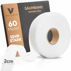 Villkin Saumband 60m Länge und 20mm Breite – Bügelband zum Aufbügeln auf Textilien wie Hosen Gardinen Vorhänge – Hochwertiges Saumfließ (Weiß, 20mm x 60m) Angebot bei HelloDeals