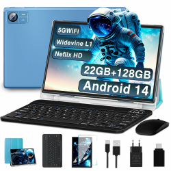 2025 Neueste Tablet 10 Zoll Android 14 mit 22GB RAM+128GB ROM 1TB TF, Octa-Core,Widevine L1,5G+2.4G WiFi, Bluetooth 5.0, 8000mAh, 8MP+5MP,1280*800, Gesichtserkennung,Type C, Tablet mit Tastatur - Blau Angebot bei HelloDeals