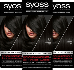 Syoss Color Coloration 1_1 Schwarz Stufe 3 (3 x 115 ml), permanente Haarfarbe für bis zu 10 Wochen Farbintensität und 80% weniger Haarbruch* Schwarz 1_1 115 ml (3er Pack) Angebot bei HelloDeals