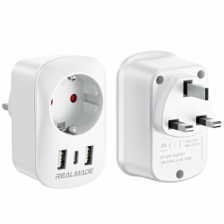 RealMade Reiseadapter UK Adapter auf EU mit 2 USB und 1 TYP-C Anschlüssen, Adapter England Deutschland Stecker, EU Deutschland zu UK Adapter Typ G Steckdosenadapter Reisestecker für Großbritannien Angebot bei HelloDeals