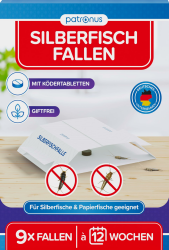 Patronus Silberfischfalle [9 Stück] - Monitoring-Klebefalle mit giftfreiem Köder inkl. E-Book zum Thema: Silberfische bekämpfen - Silberfisch-Falle für alle Wohnräume zur Befallsermittlung Angebot bei HelloDeals