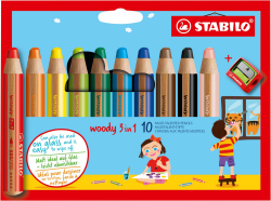 STABILO - Buntstift, Wasserfarbe & Wachsmalkreide - woody 3 in 1-10er Pack mit Spitzer - mit 10 verschiedenen Farben Angebot bei HelloDeals
