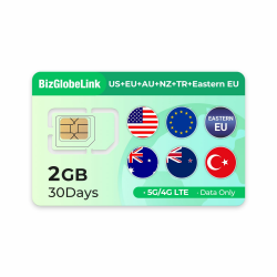 EIOTLCUB Globale Reise-SIM-Karte, 2 GB Daten, 30 Tage gültig, wiederaufladbar, 5G, für 38 Länder in Europa, USA, Australien, Neuseeland, Türkei, Osteuropa, Keine Telefonnummer, Keine Vertragsbindung Angebot bei HelloDeals