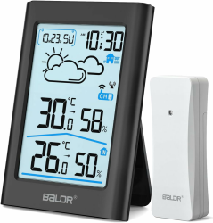 BALDR Wetterstation Funk mit Außensensor, Digital DCF-Funkuhr Thermometer Innen/Außen Temperaturanzeige Funk,Raumthermometer,Hygrometer, Wettervorhersage, Uhrzeitanzeige, Wecker,3.7 Zoll Display Angebot bei HelloDeals