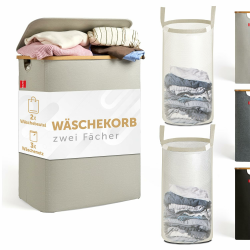Blumtal Wäschesammler 140 L - Wäschekorb 2 Fächer mit herausnehmbaren Wäschesäcken - Pfandflaschen Aufbewahrung - laundry basket - Wäschekorb beige - Wäschekorb schmal - Wäschekorb klein Angebot bei HelloDeals