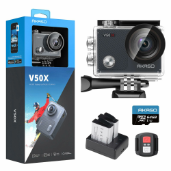AKASO V50X Action Cam 4K30FPS mit 64GB U3 Speicherkarte Unterwasserkamera WiFi 40M EIS Anti-Shake Action Kamera 4X Zoom mit Touchscreen, Fernbedienung, Sportkamera Wasserdicht Gehäuse,Helmzubehör Angebot bei HelloDeals