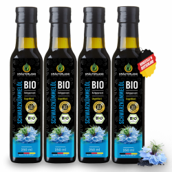 Kräuterland Bio Schwarzkümmelöl 4X250ml (1Liter), ungefiltert, hoher Thymoquinon, Omega Fettsäuren, ohne Zusatzstoffe, kaltgepresst, vegan, mild, mühlenfrisch aus unsrer hessischen Ölmühle Angebot bei HelloDeals