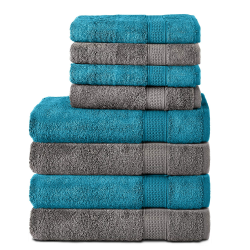Komfortec 8er Handtuch Set aus 100% Baumwolle, 4 Badetücher 70x140 und 4 Handtücher 50x100 cm, Frottee, Weich, Towel, Groß, Anthrazit Grau/Türkis 4 Handtücher und 4 Badetücher Anthrazit Grau/Türkis Angebot bei HelloDeals