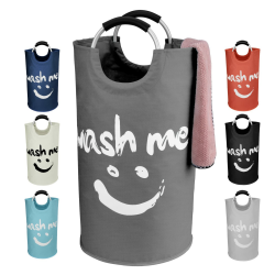 IHOMAGIC Wäschesammler mit Griffen, Freistehend Wäschebehälter, Klappbar Wäschesack mit Smiley-Muster für Schmutzwäsche, Wäschesortierer Aufbewahrungskorb für Wohnzimmer, Wohnungen (115L, Dunkelgrau) Angebot bei HelloDeals