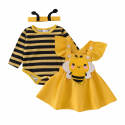 WERNZATT-Baby Mädchen Herbst Rock Sets Fliegende Ärmel Strampler Biene/Käfer Stickerei Hosenträger Kleid Stirnband Sets Gelb 12-18 Monate Angebot bei HelloDeals