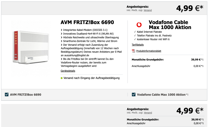 AVM FRITZ!Box 6690 + Vodafone Cable Max 1000 Aktion für 39,99€ mtl.