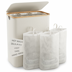 Wäschekorb Mit Deckel, 160L Extra Große Wäschekorb 3 Fächer Schmutzige Kleidung Korb für Wäsche Mit Abnehmbaren Wäschesäcken, Körbe für Schlafzimmer, Waschküche, Beige Angebot bei HelloDeals