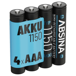 ABSINA AAA Akku 1150 NiMH 4er Pack - Akku AAA Micro mit 1,2V & min. 1050 mAh - AAA Akkus wiederaufladbar für Geräte mit hohem Stromverbrauch - Batterien AAA wiederaufladbar ideal für DECT Telefon Angebot bei HelloDeals