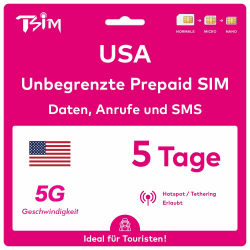 TSIM USA SIM-Karte 5 Tage | Unbegrenztes Datenvolumen, Anrufe & SMS | Prepaid USA SIM | Nutzt das T-Mobile-Netzwerk | Nummer vor der Reise erhalten | Hotspot-Sharing erlaubt | 5G SIM Karte! 5 Day Angebot bei HelloDeals