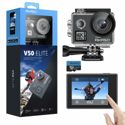 AKASO V50 Elite Action Cam,4K60FPS 20MP Unterwasserkamera mit 64GB U3 Speicherkarte WiFi mit Touchscreen EIS 40M Sportkamera 8X Zoom Sprachsteuerung Fernbedienung Zubehör Kit Angebot bei HelloDeals