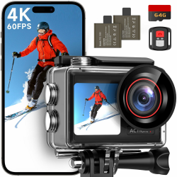 syndesmos Action Cam 4K 60FPS, 40M Unterwasserkamera, 30MP HD Unterwasserkamera Schnorcheln 2 LCD Bildschirm, Wasserdicht EIS Touchscreen Actioncam mit 64GB Karte, 2.4G Fernbedienung, Zubehör Kit Angebot bei HelloDeals