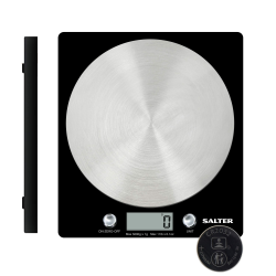 Salter 1036 BKSSDR Digitale Küchenwaage - 5kg, Null-/Tara-Funktion mit hochpräzisen Sensor, Einfache zu Reinigung runde Edelstahlplattform, misst Flüssigkeiten in ml/fl. OZ, LCD-Anzeige, Schwarz Angebot bei HelloDeals