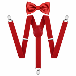 AOOWU Hosenträger Breit mit Fliege im Set, 2,5/3,5 Cm Hosenträger Verstellbares Hosenträger mit Fliege für Herren mit Sehr Starken 3 Metallklammern, Einheitsgröße für Männer und Frauen Rot-erwachsen(2.5cm) Angebot bei HelloDeals