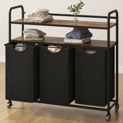 Hzuaneri Wäschekorb 3 Fächer, 3 x 46L, Wäschesammler mit 2 Ablagen, Wäschesortierer, Wäschesack ausziehbar und abnehmbar, pro Tasche 46 Liter, für Badezimmer, Waschküche, vintagebraun-schwarz LB08601B Angebot bei HelloDeals