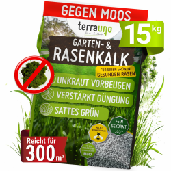 TerraUno Rasenkalk Frühjahr gegen Moos & Unkraut, Moosfreier Rasen in 14 Tagen, verstärkt Rasendüngung, 15 kg für 300 m², Extra feines Gartenkalk, Für den Streuwagen, Tierfreundlich Angebot bei HelloDeals