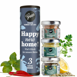Gepp's Feinkost Gewürz Geschenk zum Einzug I 3 kleine Einzugsgeschenke für Haus & Wohnung I Probierset mit Zitronensalz, Knoblauch Chili Salz & Brotzeit Gewürz I Einweihungsgeschenk, Richtfest Angebot bei HelloDeals