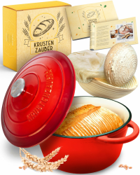 KRUSTENZAUBER Gusseisen Topf [inkl. Gärkorb] - Hochwertiger Emaille Topf 26cm - Idealer gusseiserner Brottopf zum Backen, Gusseisentopf Brotbacken, Brot Backen Zubehör Angebot bei HelloDeals