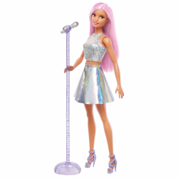 Barbie Pop-Star-Puppe gekleidet in einem schillernden Rock mit Mikrofon und rosafarbenem Haar, Geschenk für Kinder von 3 bis 7 Jahren, JCW42, Schillernd Angebot bei HelloDeals