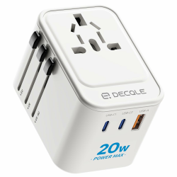 decqle Reiseadapter Weltweit, Universal Reisestecker mit 2 USB-C (PD 20W), 1 USB-A und 1 AC Steckdose, Internationaler Steckdosenadapter, Universaladapter für EU, UK, US, AU (Weiß) Angebot bei HelloDeals