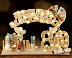 Giftota Original 80. Geburtstag Geldgeschenke Holz mit LED Lichterkette, Geschenke zum 80 Geburtstag Mann Frau, 80. Geburtstag Dekoration Angebot bei HelloDeals