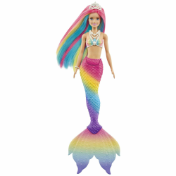 Barbie Dreamtopia Rainbow Magic Mermaid, Barbie Meerjungfrau mit Regenbogenhaaren, Farbwechselpuppe durch Wasser aktiviert, Spielzeug ab 3 Jahren, Geschenk für Mädchen, GTF89 Angebot bei HelloDeals