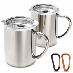 Yoassi Edelstahl Camping Becher, 2er Set Thermotasse mit Deckel und Karabiner, doppelwandige Isolierbecher, Kaffeebecher Kaffeetasse Trinkbecher BPA frei für Outdoor und Camping (400 ml) Angebot bei HelloDeals