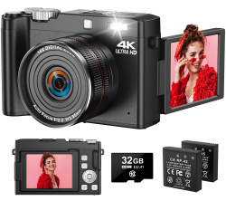 Digitalkamera 4K 64MP Fotokamera mit 180° Flip 2.8" Bildschirm, 18X Autofokus Kompaktkamera mit 32G SD Karte& Zwei Batterien für Kinder Erwachsene Ältere Anfänger Angebot bei HelloDeals