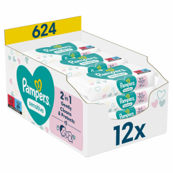 Pampers Sensitive Feuchttücher 12 Packungen mit 52 Stück - 624 Feuchttücher, ohne Duft, für eine sanfte und weiche Reinigung Angebot bei HelloDeals