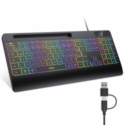 seenda Kabelgebundene Tastatur beleuchtet, ergonomische Tastatur mit Handyhalter und Handballenauflage für PC/Tablet/Smarthandy/Windows/Mac, USB & Typ C Kabel, leise Klicken - QWERTZ Layout, Schwarz Angebot bei HelloDeals