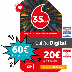 Vodafone Prepaid CallYa Digital | 35 GB | Aktion: 60 statt 20 EUR Startguthaben | ohne Vertrag | 5G-Netz | Telefon- SMS-Flat | EU-Roaming Angebot bei HelloDeals