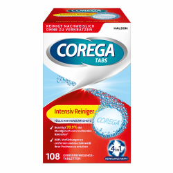 Corega Reinigungs-TABS Intensiv Reiniger Rundumschutz für herausnehmbaren Zahnersatz/dritte Zähne, 1x108 Gebissreinigungstabletten Angebot bei HelloDeals