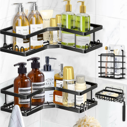 Wilkpow Duschablage, Duschkörbe Organisation Ohne Bohren, 4 Stück Duschregal Schwarz Mit Seifenschale & Haken, Badezimmer Duschregal Edelstahl Fur Badezimmer Kuche, Shower Caddy Schampoo Halterung Angebot bei HelloDeals