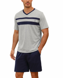 Nieery Schlafanzug Herren kurz Baumwolle Sommer Pyjama Set Kurzarm V-Ausschnitt T-Shirt und Shorty Schlafanzughose Angebot bei HelloDeals