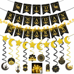 Ramadan Deko, Dalugo Ramadan Mubarak Eid Dekoration, Ramadan Mubarak Banner mit 3M Lichterketten, Gold Stern Mond, EID Mubarak Deko für Muslim Islamic Ramadan Eid Party Kareem Angebot bei HelloDeals