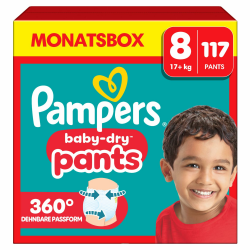 Pampers Windeln Pants Größe 8 Baby-Dry, 117 Windeln, 19kg+, 360° Fit hilft, Auslaufen zu verhindern Angebot bei HelloDeals