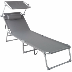 tectake® Sonnenliege mit Dach, Strandliege klappbar, leichte Gartenliege, Outdoor Liegestuhl mit Verstellbarer Rückenlehne, inkl. Kopfkissen - ideal für Balkon, Terrasse, Camping, Strand - grau Angebot bei HelloDeals