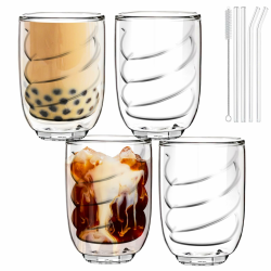 talifoca 4er-Set Geriffelte Trinkgläser mit Glasstrohhalmen,350ml Eiskaffee-Gläser,Wellen-Gläser,Tumbler,Longdrink-Gläser für Cocktails,Wasser,Limonade,Saft-Ideal als Geschenk Angebot bei HelloDeals