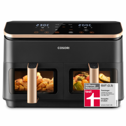 COSORI Heißluftfritteuse 2 Kammern, Testsieger der Stiftung Warentest, 6-in-1 Dual Zone Airfryer 8,5 L, Doppelkammer mit Sichtfenster für vollständige Mahlzeit, Gold Angebot bei HelloDeals
