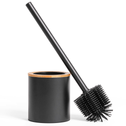 KAZAI. Silikon Toiletten-Bürste & Klobürsten-Halter in Holzoptik | Klobürste in Edelstahl mit Silikonkopf | Metall WC-Bürsten-Halter in Natur-Bambus | Stehende WC-Bürste für das Badezimmer | Schwarz Angebot bei HelloDeals