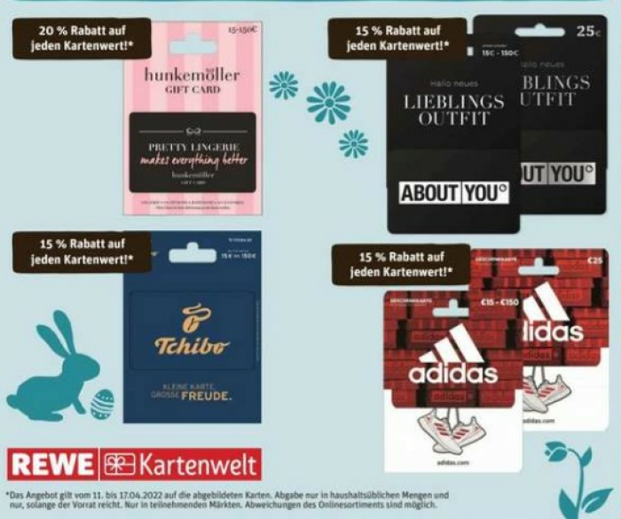 Rewe Kartenwelt: 15% Rabatt auf Geschenkkarten von Tchibo, About You und adidas - 20% Rabatt auf Hunkemöller Geschenkkarten