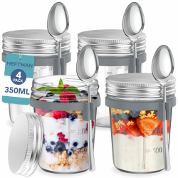HEFTMAN Einmachgläser für Haferflocken über Nacht, 350 ml, mit Löffeln und luftdichten Edelstahldeckeln, lebensmittelechtes Glas, Frühstückstöpfe für Joghurt, Chia Pudding, 350 ml, wiederverwendbar, 4 Angebot bei HelloDeals