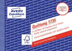 AVERY Zweckform 1735 Quittungsblock (A6 quer, 2x40 Blatt, selbstdurchschreibend, fälschungssicherer Dokumentendruck, für Beträge über 250€ mit separater MwSt., für DE/AT) weiß/gelb Angebot bei HelloDeals